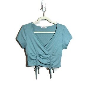 Rebellious Dreamer Teal Ribbed Drawstring Cropped Top Size Large